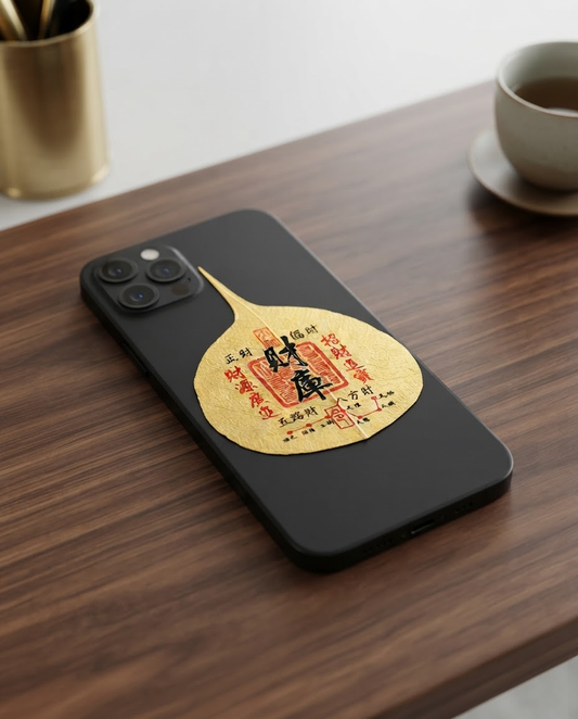Chinese Five Direction Wealth Talisman Bodhi Leaf Phone Sticker – Taoist Prosperity Charm for Abundance, Success & Financial Blessings