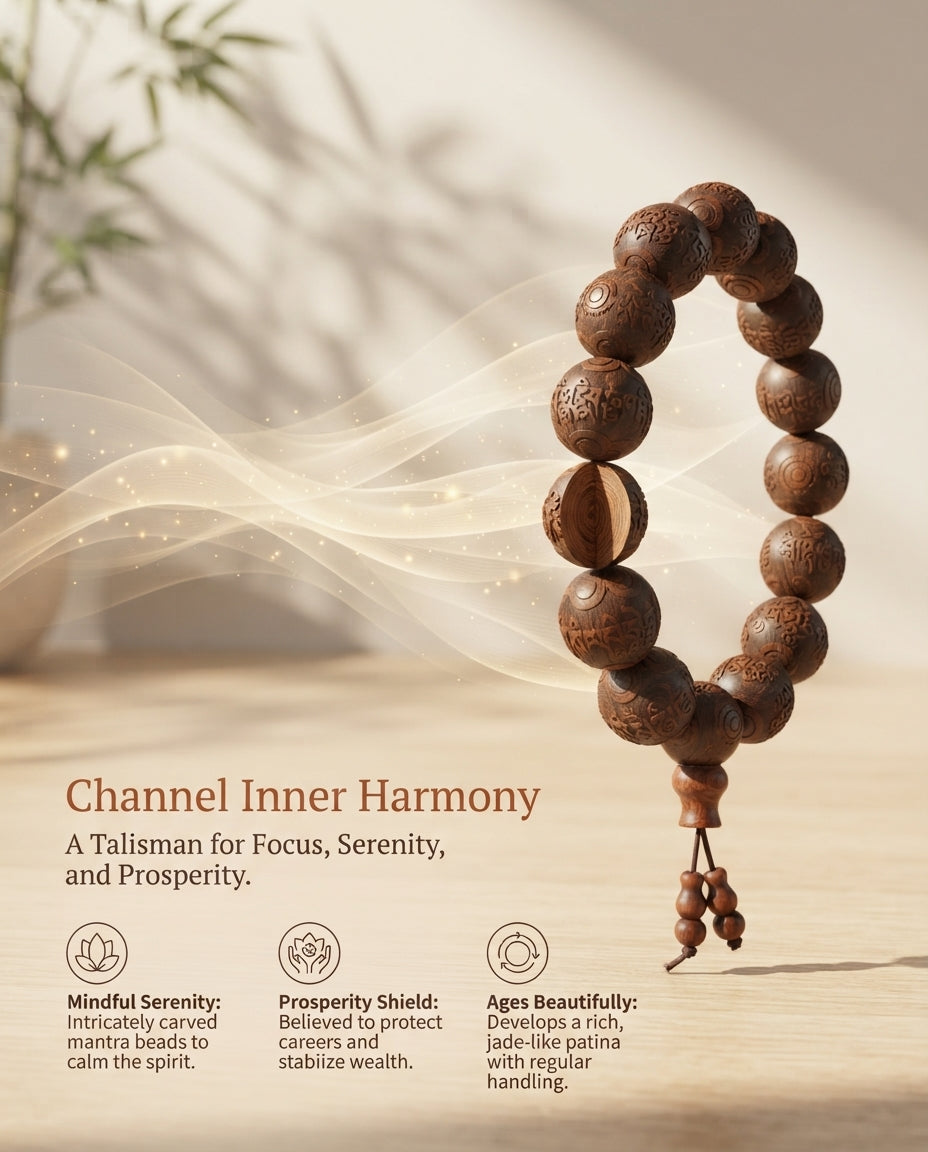 Huanghuali Wood Mantra Carved Peace Bracelet – Premium Natural Wood Bracelet for Calm, Stability & Prosperity Symbolism