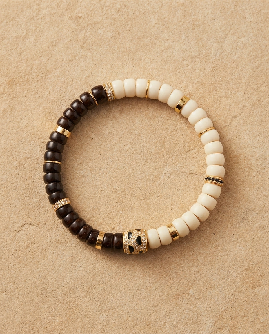 Ivory Nut & Coconut Shell Color Block Bracelet – Natural Wooden Bracelet for Confidence, Balance & Prosperity Symbolism