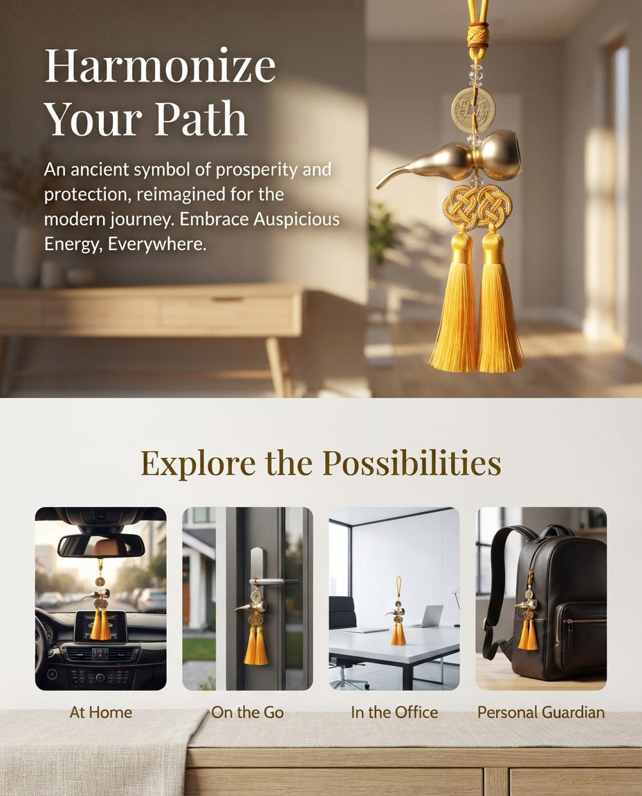 Taoist Titanium Gold Gourd Five Emperor Coins Double Tassel Charm – Feng Shui Wealth & Business Protection Hanging Ornament