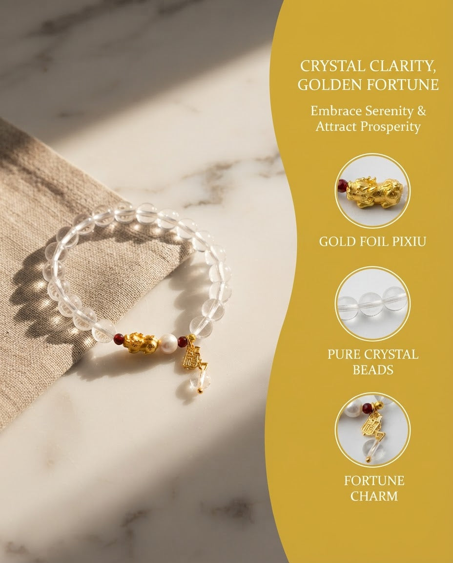 Clear Quartz Gold Foil Bear Bracelet – Natural Crystal Bracelet for Clarity, Protection & Prosperity Energy