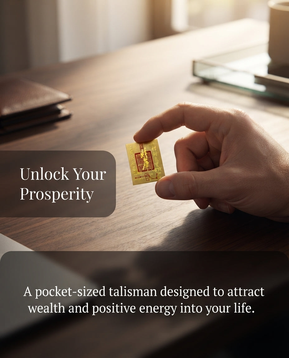 Taoist Golden Foil Wealth Vault Charm 3×3.5cm | Chinese Prosperity Talisman for Phone, Wallet & Office
