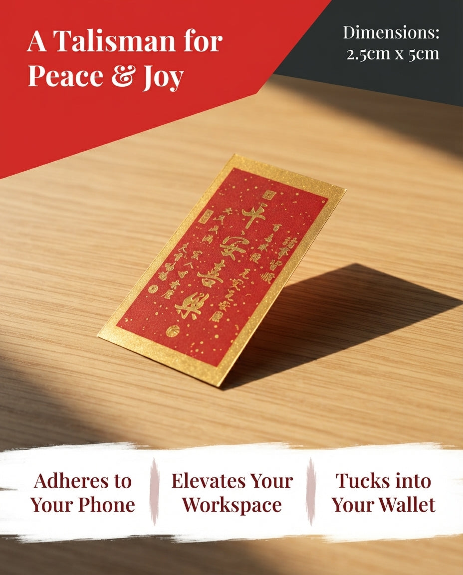Taoist Golden Foil Peace & Joy Charm 2.5×5cm | Chinese Blessing Talisman for Phone, Wallet & Workspace