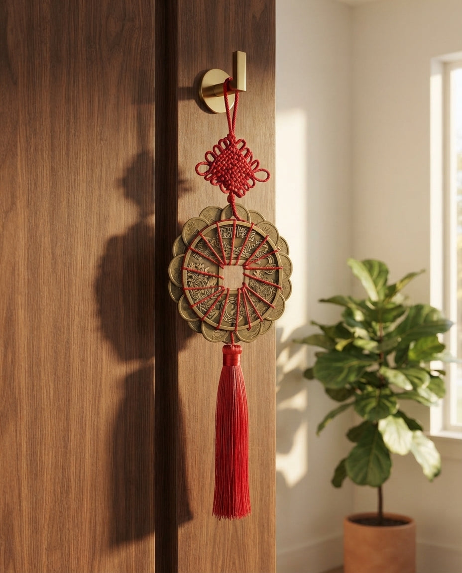Taoist Twelve Emperor Coins Plum Blossom Feng Shui Hanging Charm – Home Protection & Wealth Attracting Copper Ornament