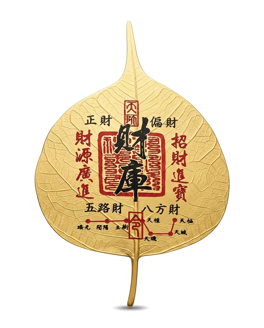 Chinese Five Direction Wealth Talisman Bodhi Leaf Phone Sticker – Taoist Prosperity Charm for Abundance, Success & Financial Blessings