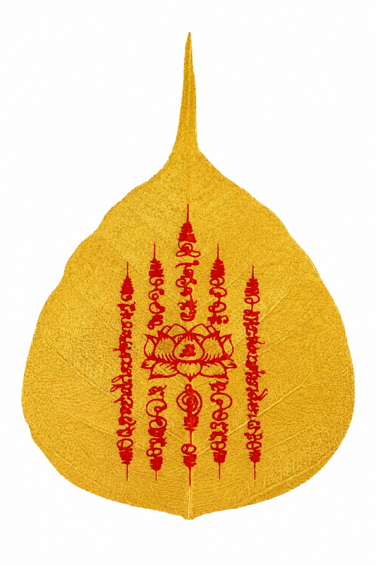 Natural Bodhi Leaf Five Pagoda Talisman Phone Charm – Chinese Taoist Inspired Blessing Amulet for Luck, Success & Protection