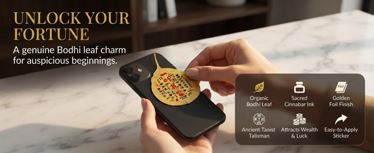 Chinese Prosperity Talisman Bodhi Leaf Phone Sticker – Taoist Wealth Blessing Charm for Success, Abundance & Positive Fortune