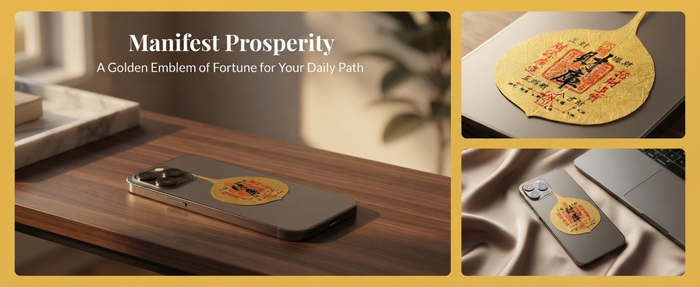 Chinese Five Direction Wealth Talisman Bodhi Leaf Phone Sticker – Taoist Prosperity Charm for Abundance, Success & Financial Blessings