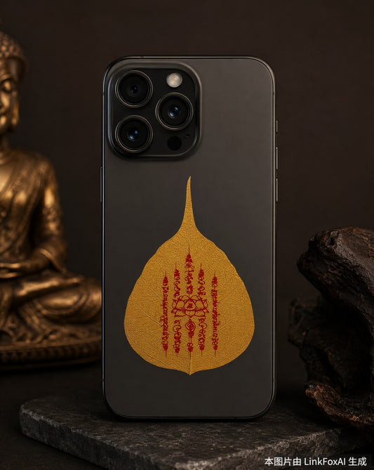 Natural Bodhi Leaf Five Pagoda Talisman Phone Charm – Chinese Taoist Inspired Blessing Amulet for Luck, Success & Protection