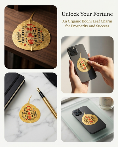 Chinese Prosperity Talisman Bodhi Leaf Phone Sticker – Taoist Wealth Blessing Charm for Success, Abundance & Positive Fortune