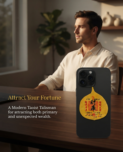 Chinese Five Direction Wealth Talisman Bodhi Leaf Phone Sticker – Taoist Prosperity Charm for Abundance, Success & Financial Blessings