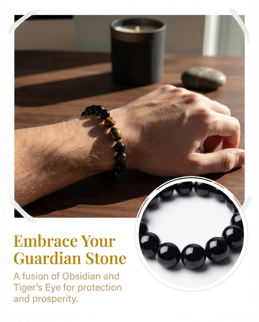 Black & Gray Obsidian Bracelet – Natural Obsidian Stone Bracelet for Protection Symbolism, Balance & Positive Energy