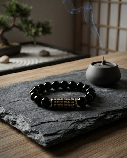 Black & Gray Obsidian Bracelet – Natural Obsidian Stone Bracelet for Protection Symbolism, Balance & Positive Energy