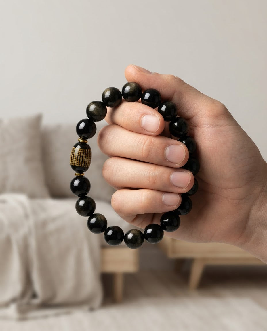 Black & Gray Obsidian Bracelet – Natural Obsidian Stone Bracelet for Protection Symbolism, Balance & Positive Energy