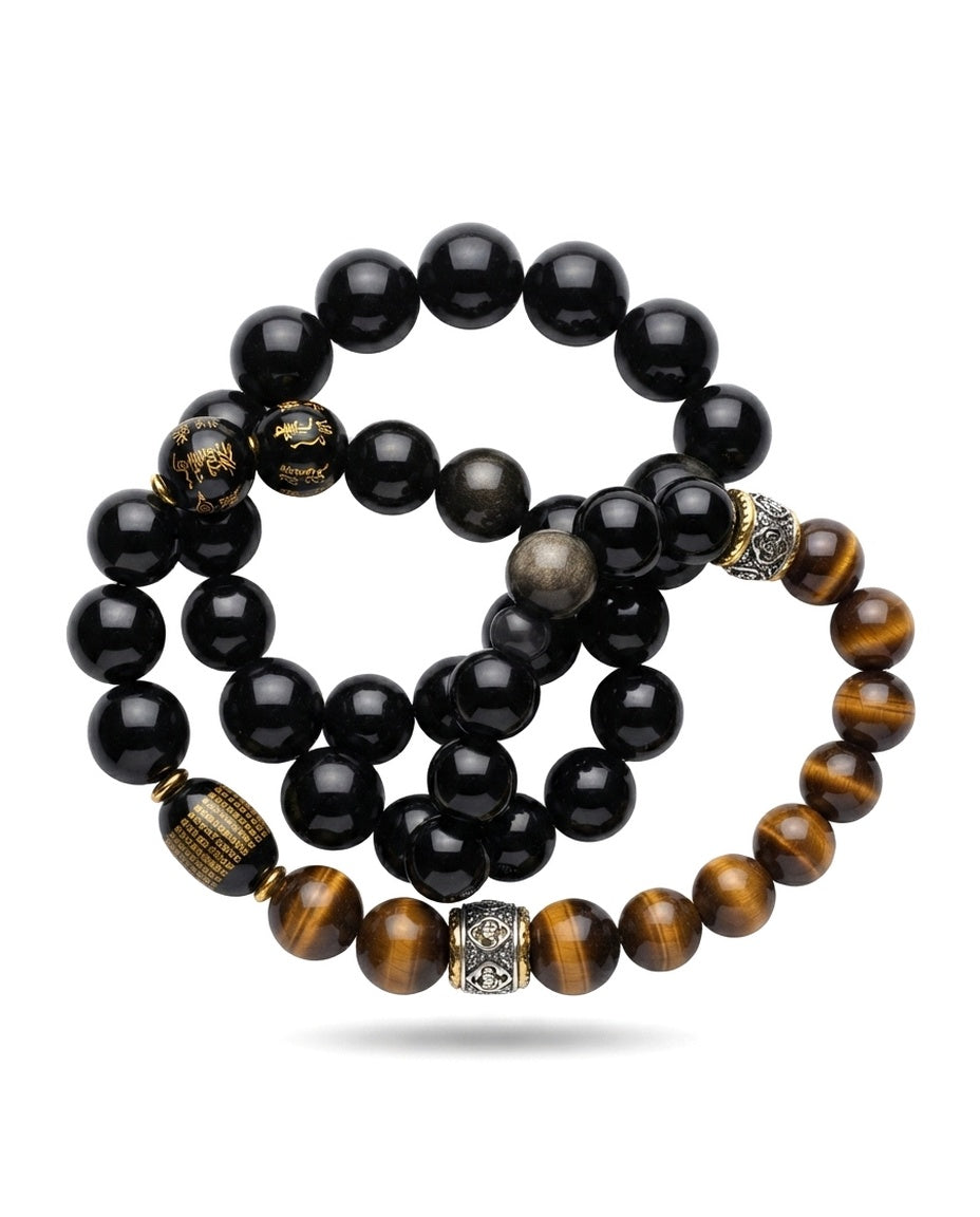 Black & Gray Obsidian Bracelet – Natural Obsidian Stone Bracelet for Protection Symbolism, Balance & Positive Energy