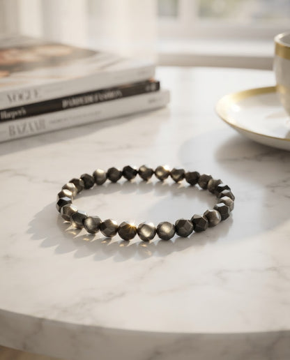 Faceted Silver Obsidian Single Strand Bracelet | Natural Black Crystal Jewelry for Protection, Calm Mind & Positive Energy