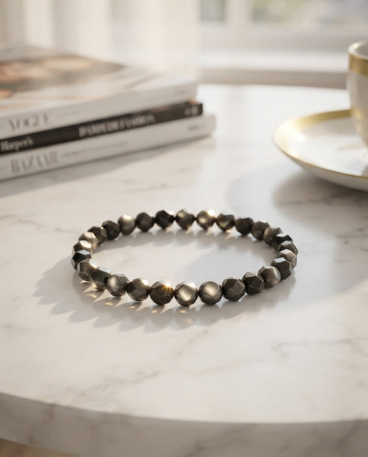 Faceted Silver Obsidian Single Strand Bracelet | Natural Black Crystal Jewelry for Protection, Calm Mind & Positive Energy