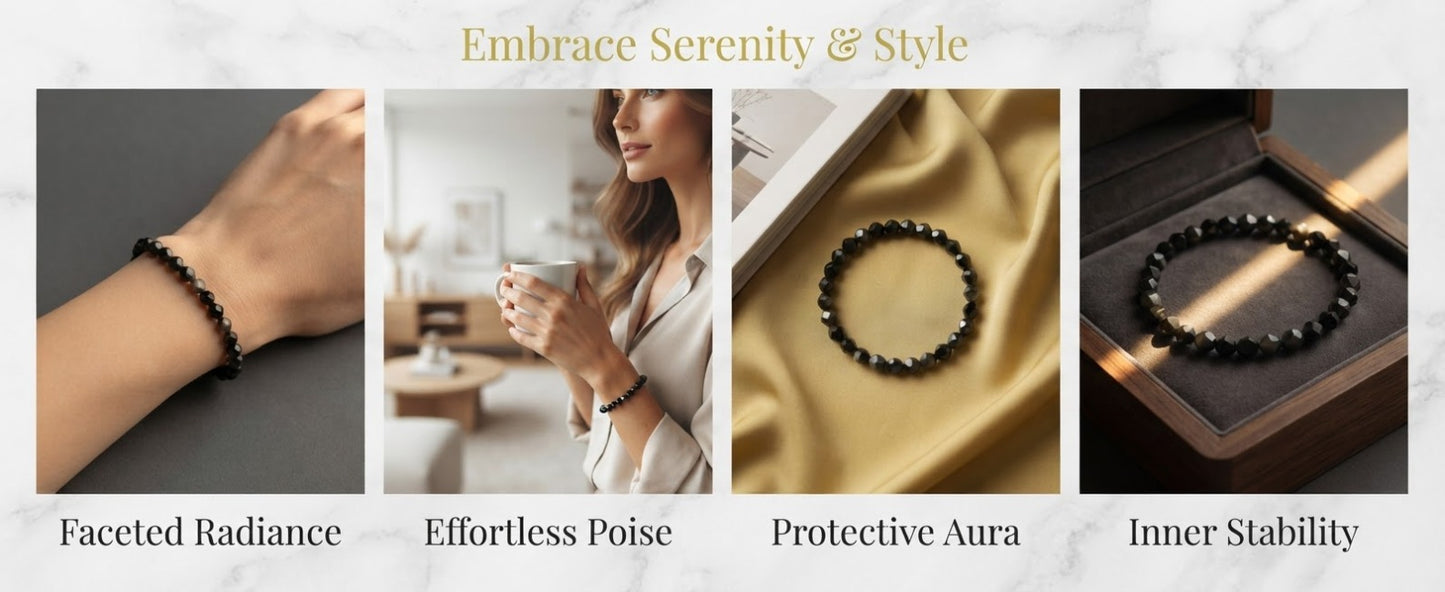 Faceted Silver Obsidian Single Strand Bracelet | Natural Black Crystal Jewelry for Protection, Calm Mind & Positive Energy