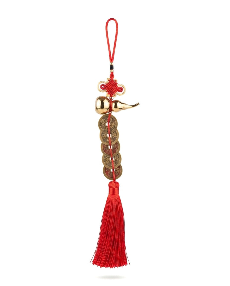 Chinese Taoist Gold Gourd Five Emperor Coins Charm – Feng Shui Prosperity Hanging Decor for Home, Office & Car