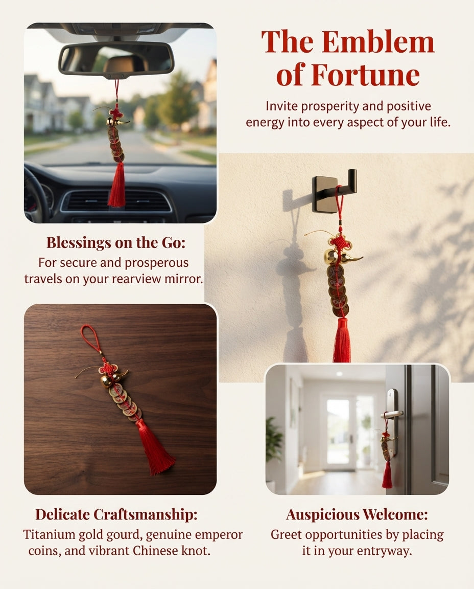 Chinese Taoist Gold Gourd Five Emperor Coins Charm – Feng Shui Prosperity Hanging Decor for Home, Office & Car