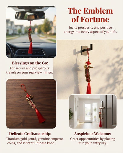 Chinese Taoist Gold Gourd Five Emperor Coins Charm – Feng Shui Prosperity Hanging Decor for Home, Office & Car