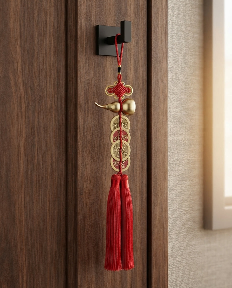 Chinese Taoist Gold Gourd Five Emperor Coins Charm – Feng Shui Prosperity Hanging Decor for Home, Office & Car