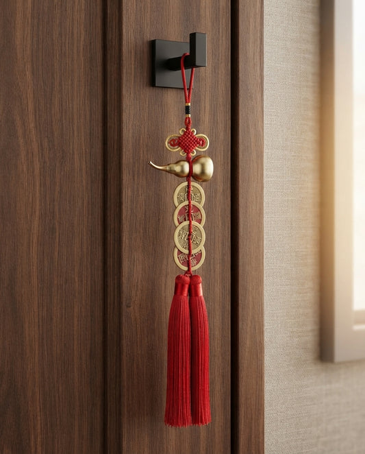 Chinese Taoist Gold Gourd Five Emperor Coins Charm – Feng Shui Prosperity Hanging Decor for Home, Office & Car