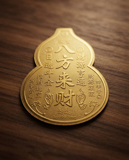 Taoist Golden Foil Wealth Charm 3×4cm | Chinese “Wealth From All Directions” Talisman for Phone, Wallet & Office