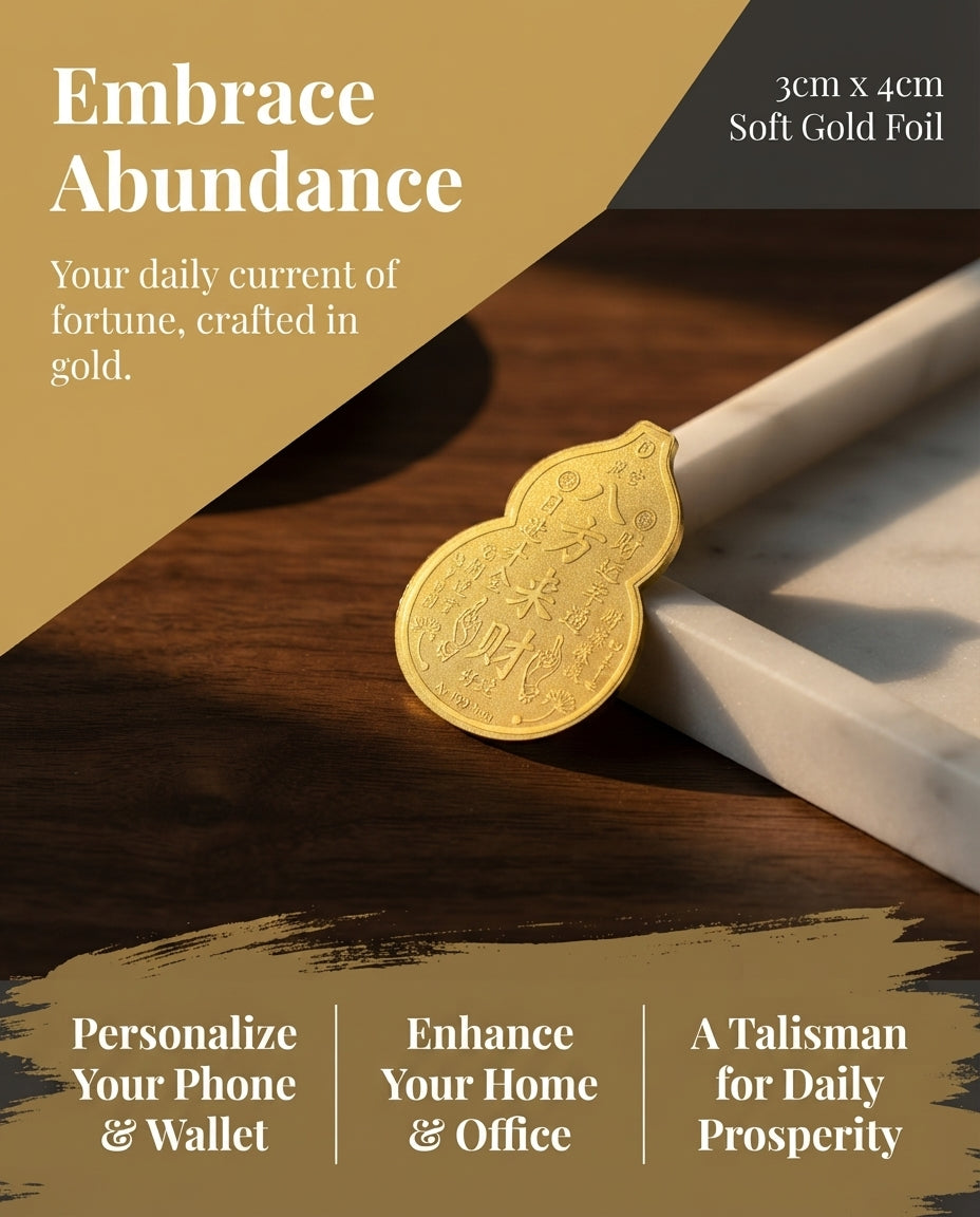 Taoist Golden Foil Wealth Charm 3×4cm | Chinese “Wealth From All Directions” Talisman for Phone, Wallet & Office