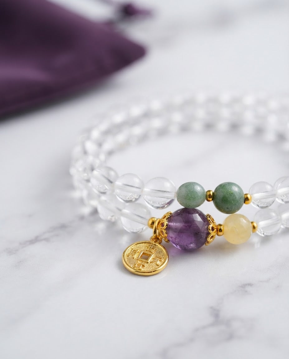 White Crystal Fortune Balance Double-Wrap Bracelet