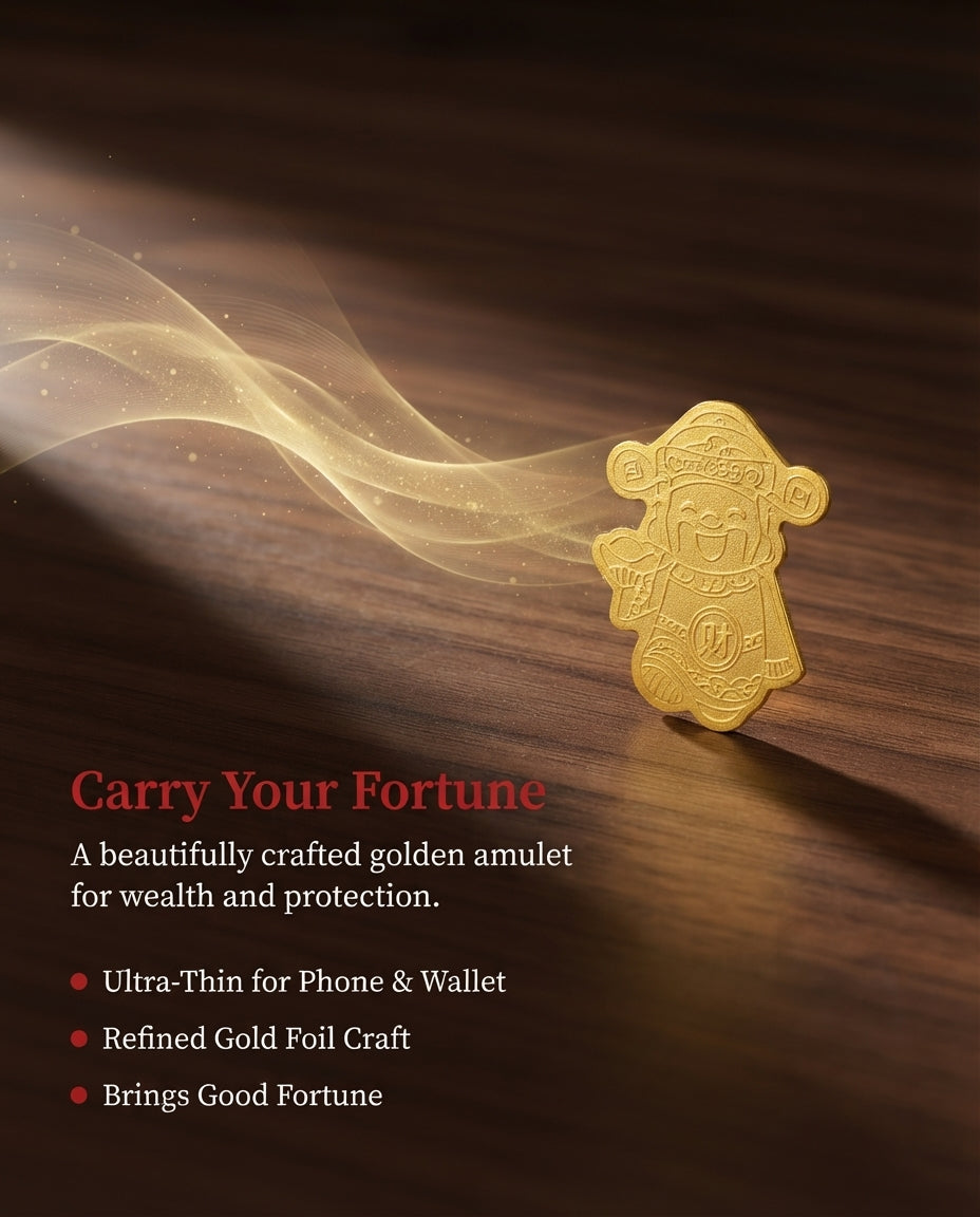Taoist Fortune God Golden Foil Charm 2.5×3.5cm | Chinese Wealth Blessing Talisman for Phone, Wallet & Office