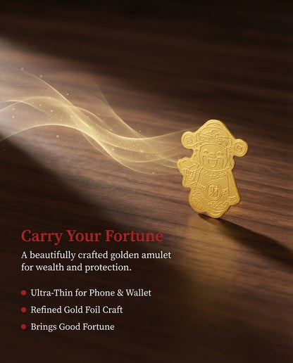 Taoist Fortune God Golden Foil Charm 2.5×3.5cm | Chinese Wealth Blessing Talisman for Phone, Wallet & Office