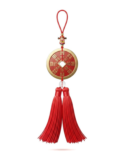Chinese Taoist Feng Shui Wealth God Mountain Ghost Bagua Charm with Double Tassels – Wealth Attraction, Smooth Fortune, Protection & Good Luck Amulet
