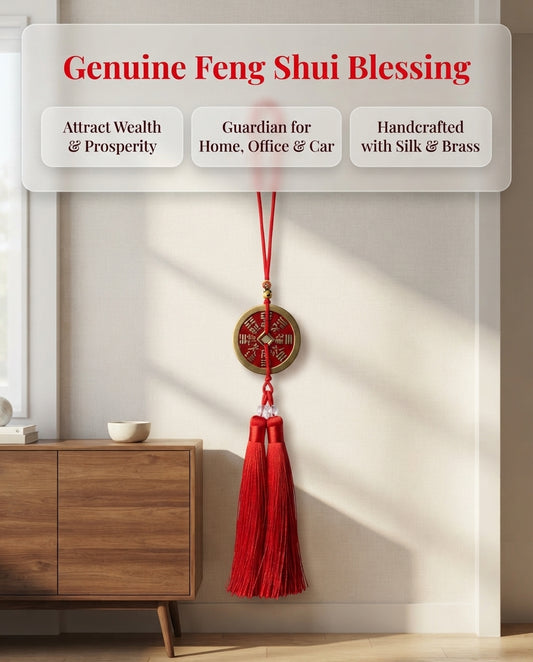 Chinese Taoist Feng Shui Wealth God Mountain Ghost Bagua Charm with Double Tassels – Wealth Attraction, Smooth Fortune, Protection & Good Luck Amulet