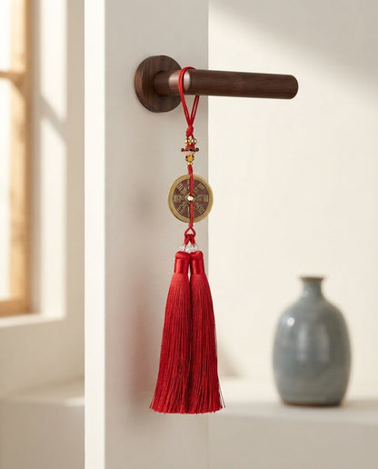 Chinese Taoist Feng Shui Wealth God Mountain Ghost Bagua Charm with Double Tassels – Wealth Attraction, Smooth Fortune, Protection & Good Luck Amulet
