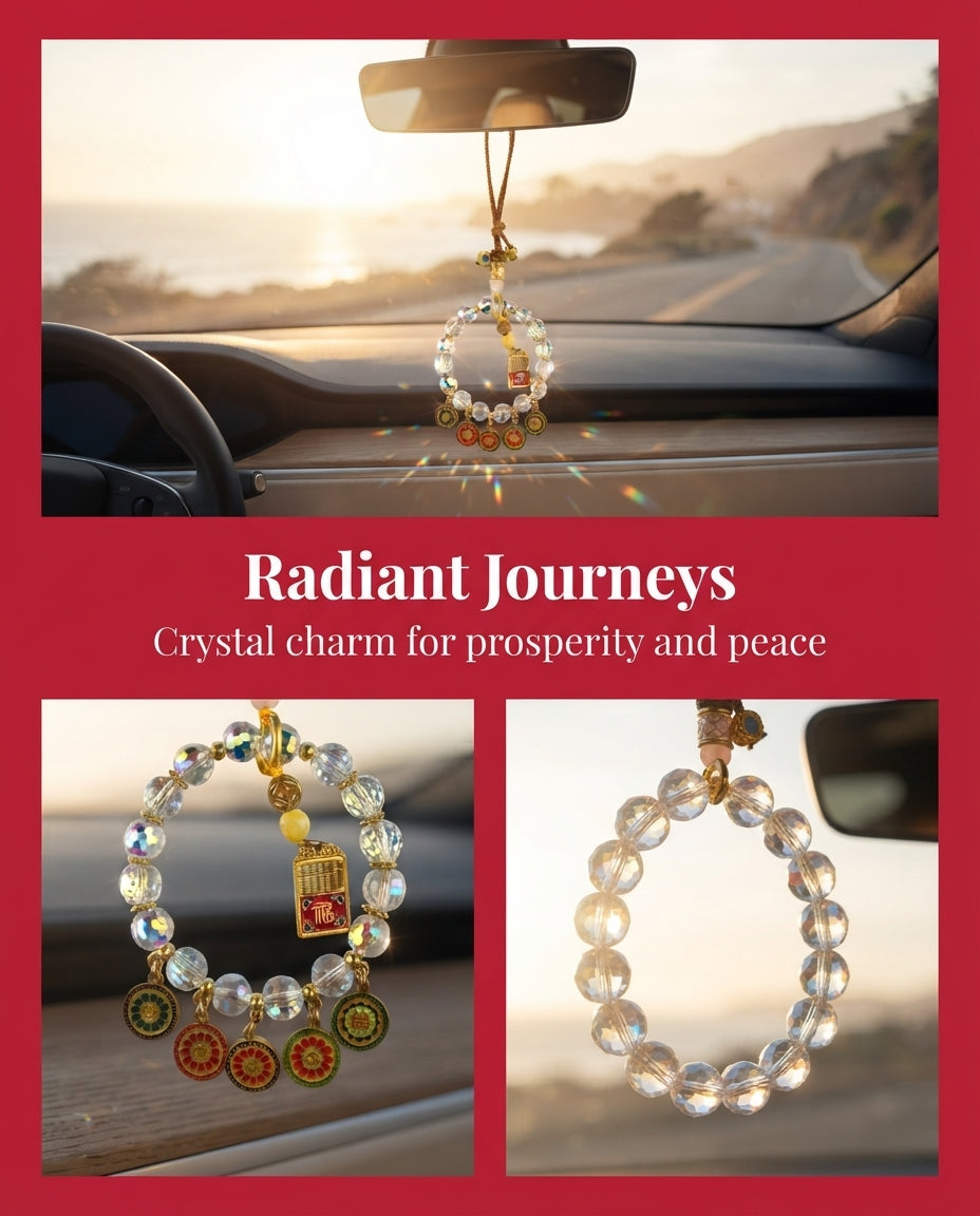 Five Wealth Gods Crystal Car Charm – Feng Shui Hanging Ornament for Car Rearview Mirror, Wealth Attraction & Protection Amule