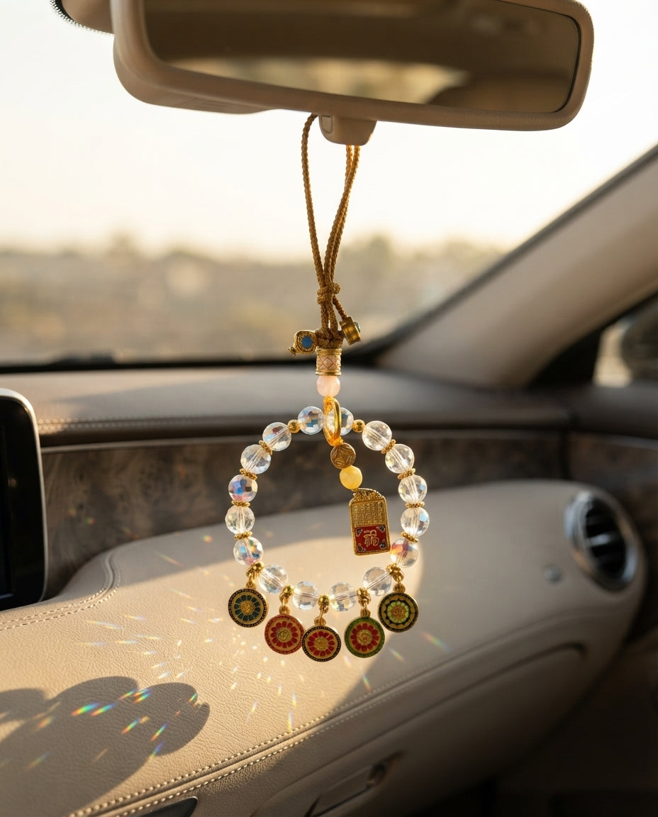 Five Wealth Gods Crystal Car Charm – Feng Shui Hanging Ornament for Car Rearview Mirror, Wealth Attraction & Protection Amule
