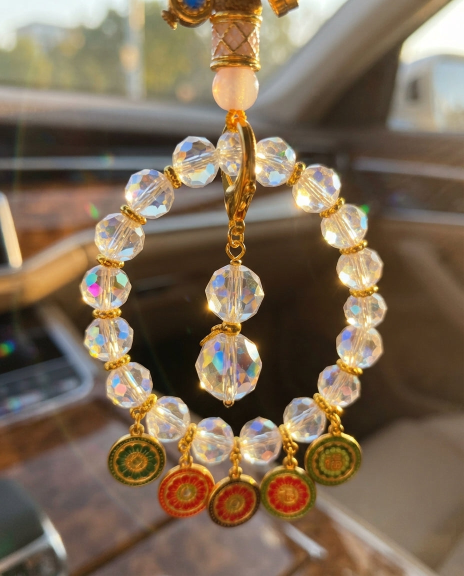 Five Wealth Gods Crystal Car Charm – Feng Shui Hanging Ornament for Car Rearview Mirror, Wealth Attraction & Protection Amule