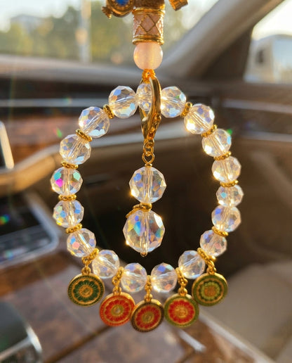 Five Wealth Gods Crystal Car Charm – Feng Shui Hanging Ornament for Car Rearview Mirror, Wealth Attraction & Protection Amule