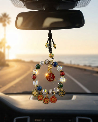Five Wealth Gods Crystal Car Charm – Feng Shui Hanging Ornament for Car Rearview Mirror, Wealth Attraction & Protection Amule