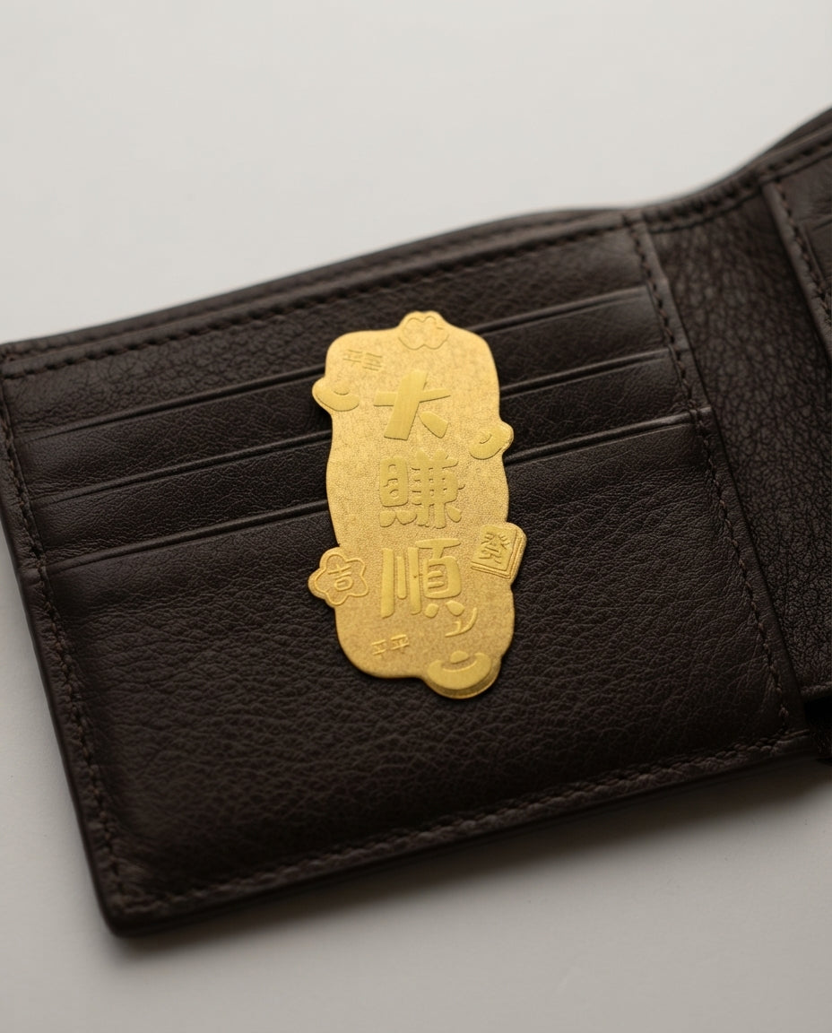 Taoist Golden Foil Wealth Talisman 2×4cm | Chinese Prosperity Charm for Phone, Wallet & Office Fortune Energy