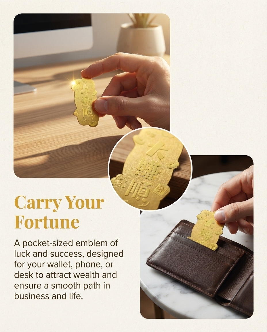Taoist Golden Foil Wealth Talisman 2×4cm | Chinese Prosperity Charm for Phone, Wallet & Office Fortune Energy