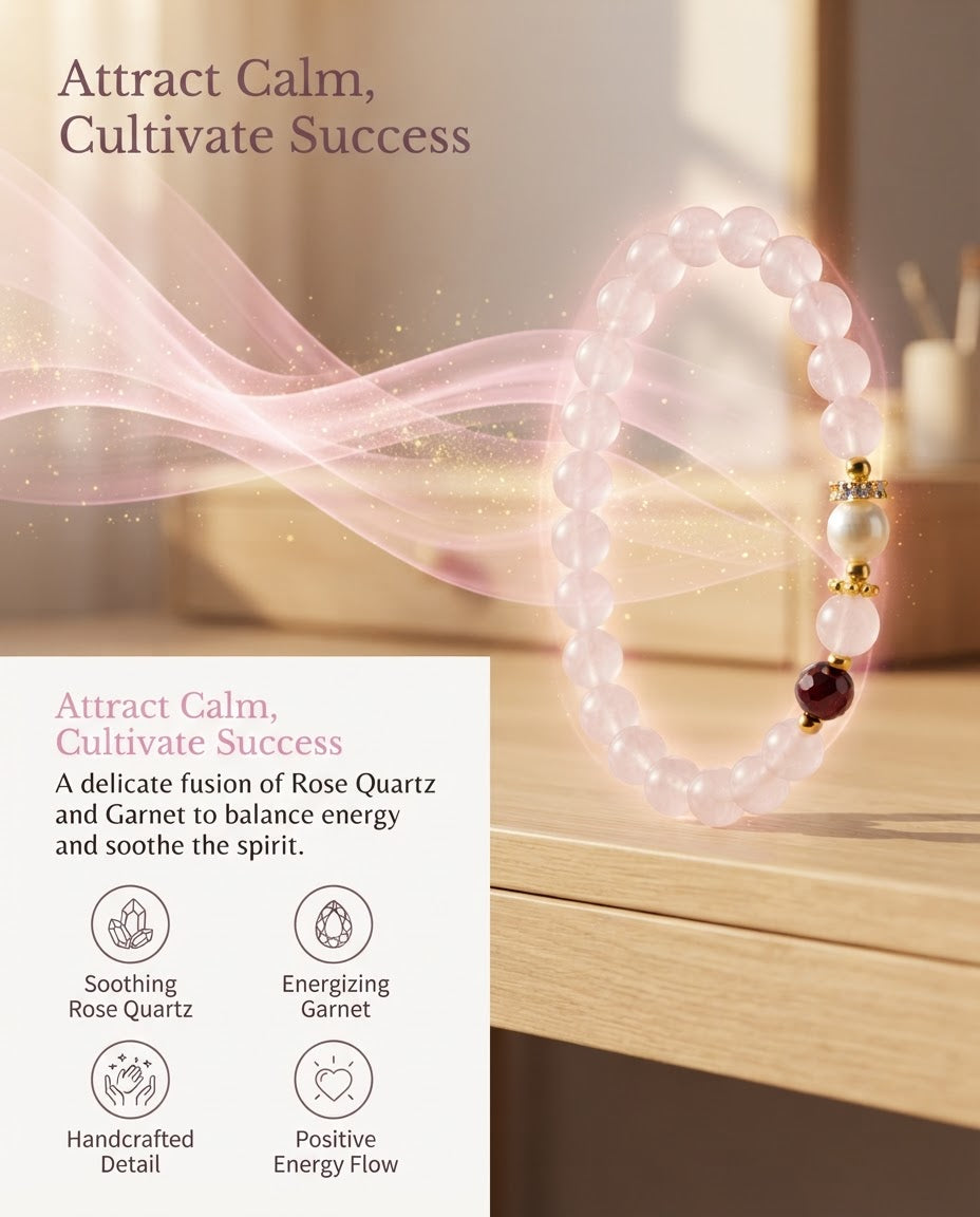 Rose Quartz & Garnet Prosperity Bracelet – Natural Crystal Bracelet for Business Growth, Customer Attraction & Inner Calm