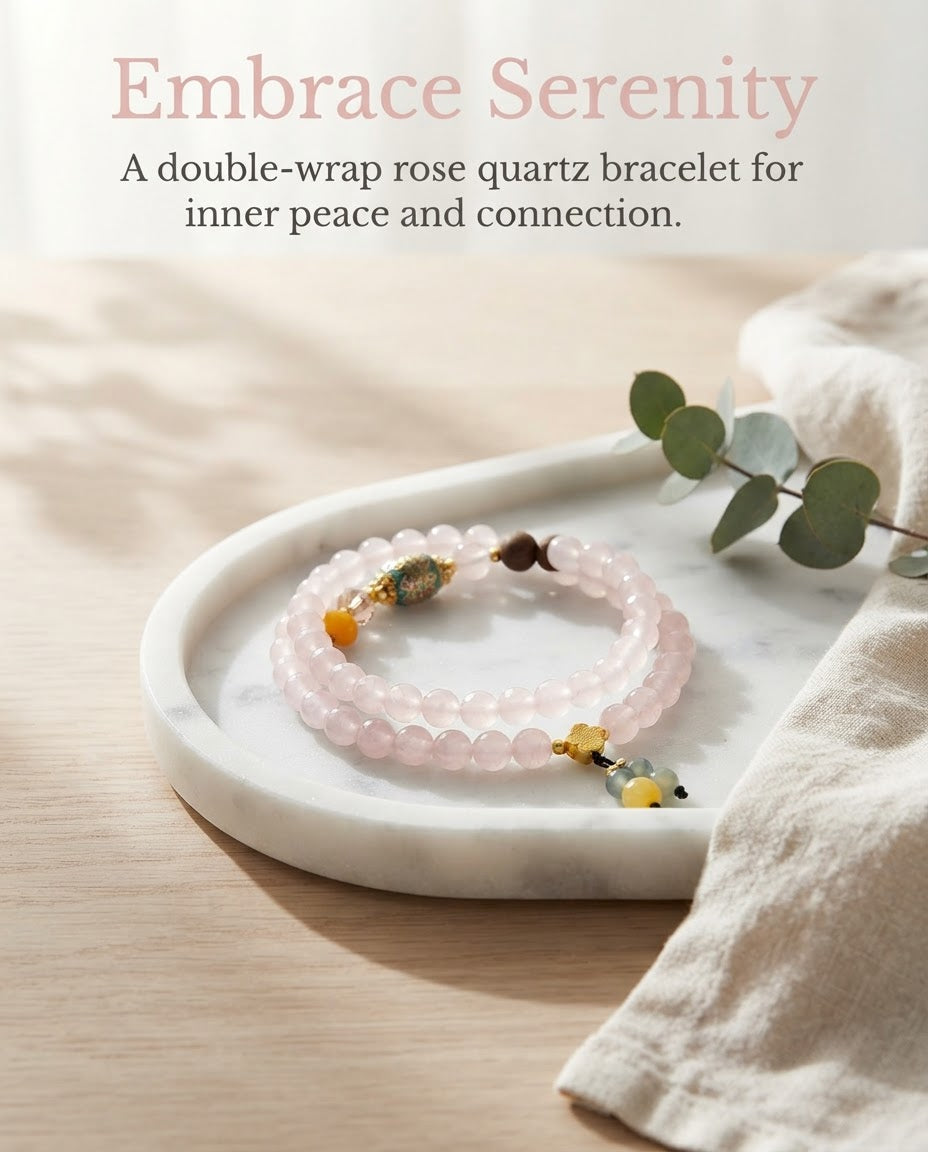 Rose Quartz Barrel Bead Double Wrap Bracelet – Attract Positive Connections, Calm Energy & Invite Prosperity