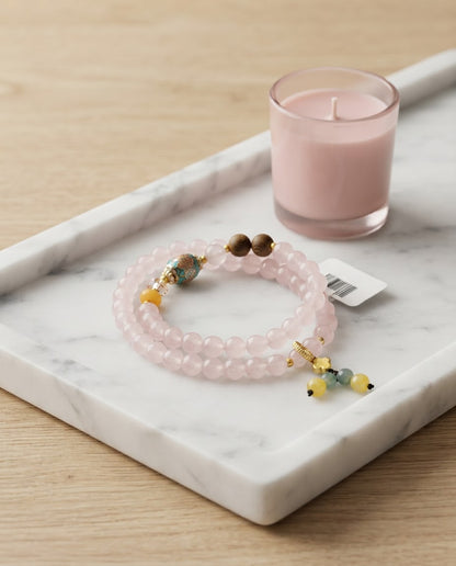 Rose Quartz Barrel Bead Double Wrap Bracelet – Attract Positive Connections, Calm Energy & Invite Prosperity