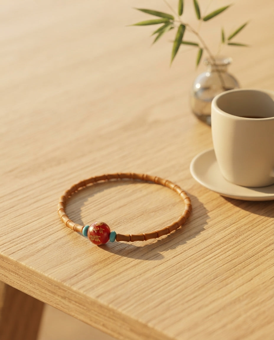 Olive Kernel Bamboo Bead Bracelet – Natural Wood Bracelet with Cinnabar Accent for Growth, Balance & Positive Energy