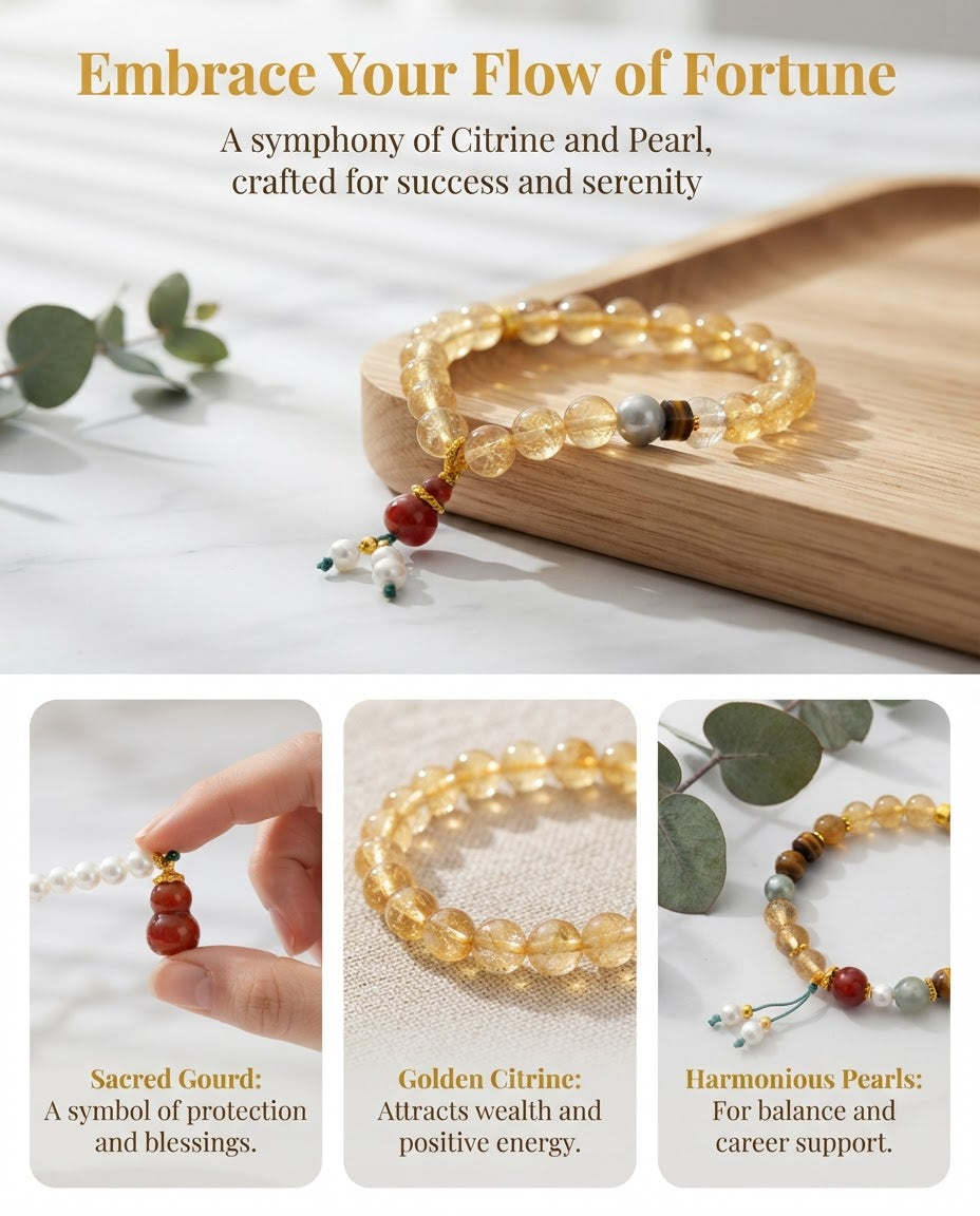 Golden Crystal Pearl Gourd Bracelet – Feng Shui Inspired Bracelet for Success, Prosperity & Positive Energy
