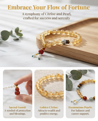 Golden Crystal Pearl Gourd Bracelet – Feng Shui Inspired Bracelet for Success, Prosperity & Positive Energy