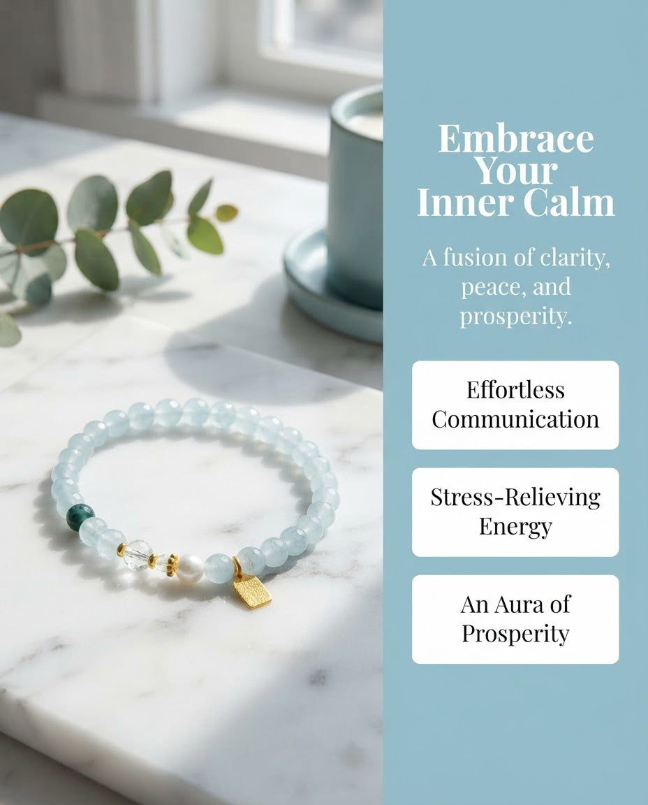 Aquamarine Prosperity Bracelet – Natural Crystal Bracelet for Calm Communication, Confidence & Abundance Energy