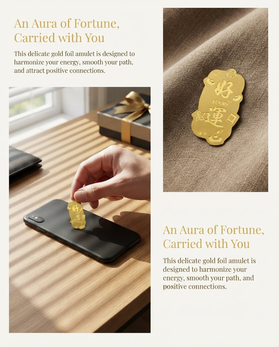 Taoist Golden Foil Good Luck Charm 2.2×4cm | Chinese Fortune Talisman for Phone, Wallet & Workspace Blessing